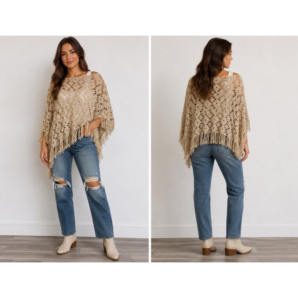 FRANGI‎ Made in Italy Beige Crochet Fringe Poncho Shawl Boho One Size Layering